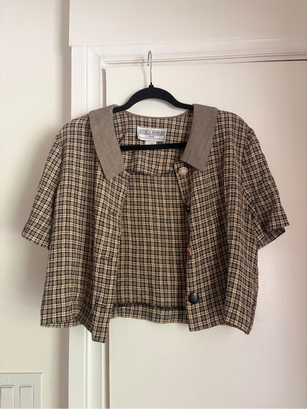 Vintage Jessica Howard Brown & Black Plaid Cropped button down top - Picture 2 of 8